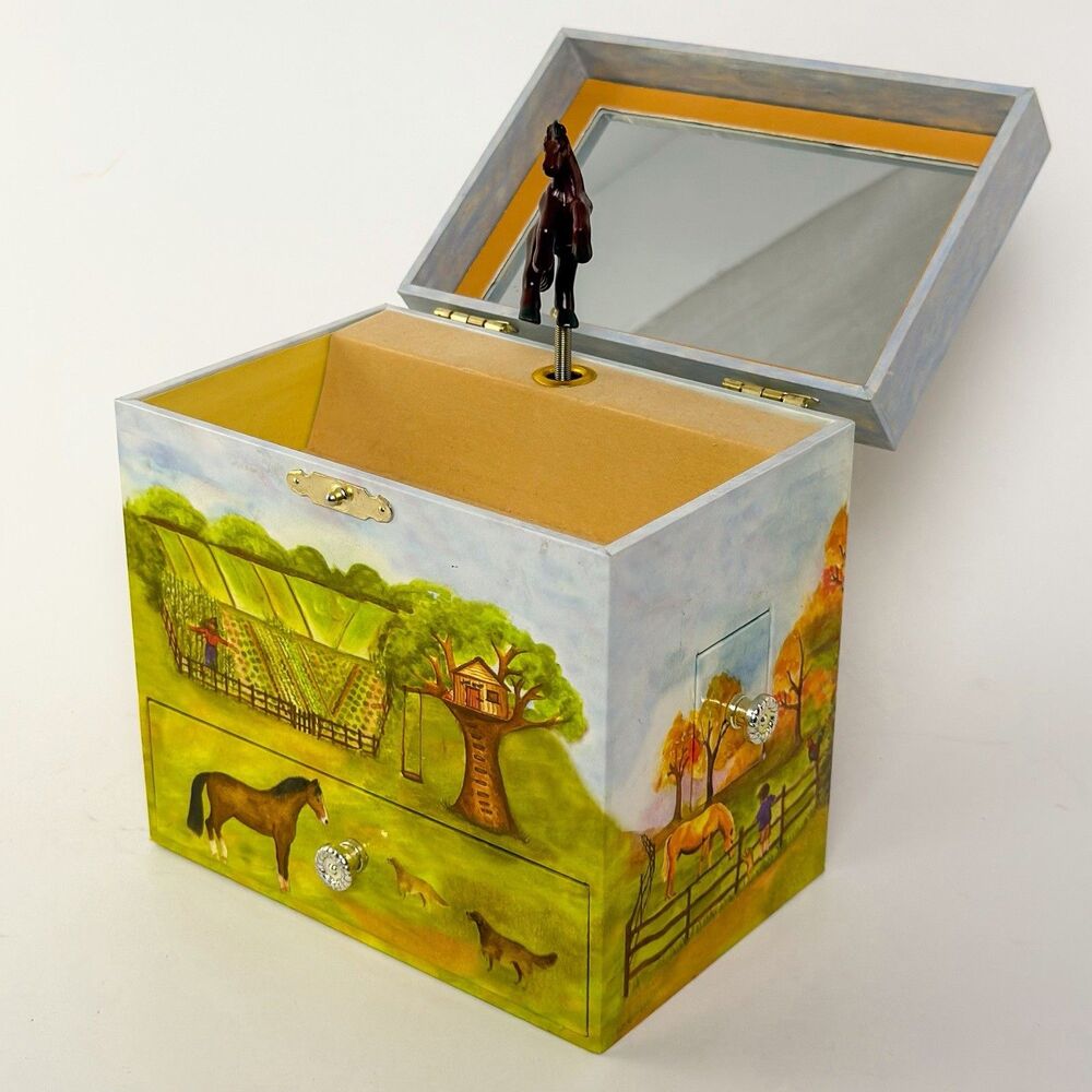 Vintage Enchantmint Horse Ranch Musical Jewelry Box w/ Drawers Mirror Farm Scene - Picture 6 of 12